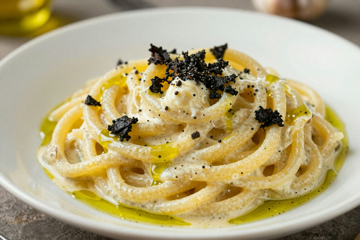 Spaghettone cremoso all’aglio nero: un primo piatto raffinato e semplice da preparare